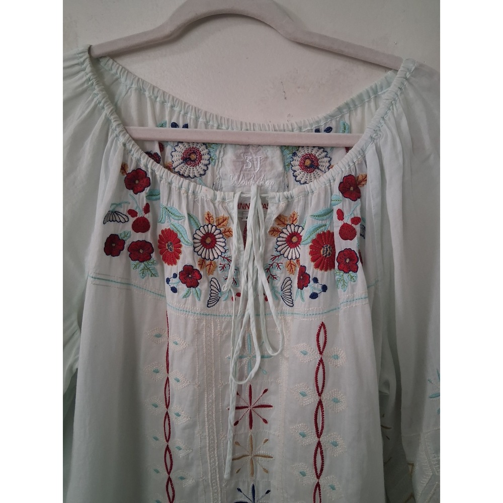 Johnny Was 3J Workshop Mint Green Embroidered Peasant Blouse Boho Top Large - Picture 4 of 6